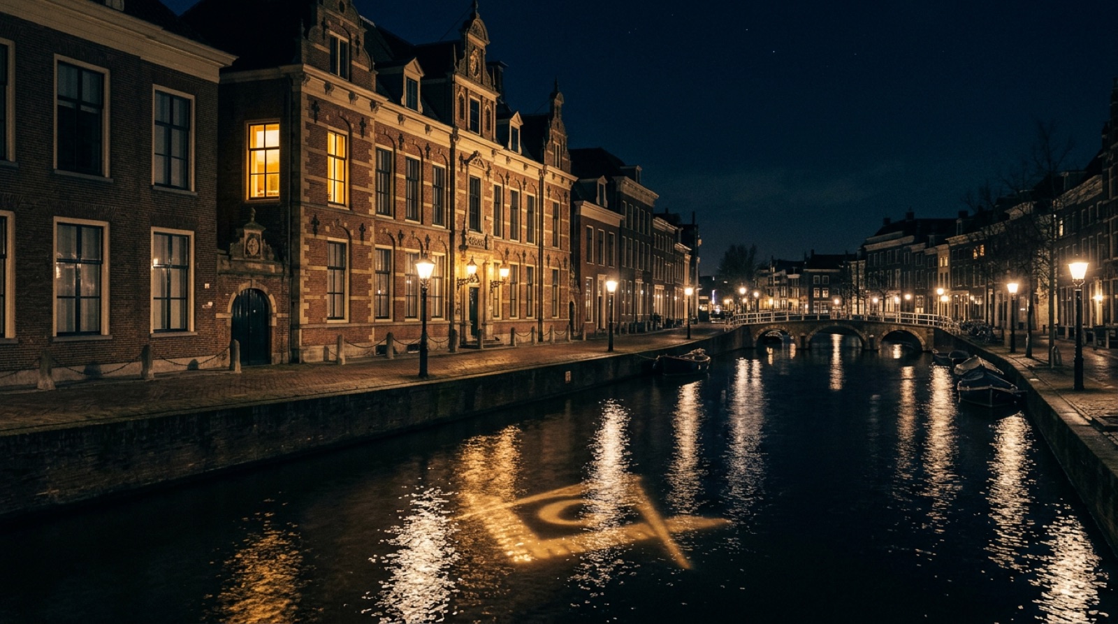 Het logegebouw vrijmetselarij groningen aan de Turfsingel bij avond, met warm licht en symbolen in het water.