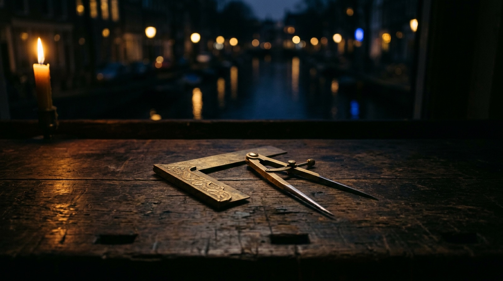 Passer en winkelhaak in kaarslicht, symbolen van de vrijmetselarij