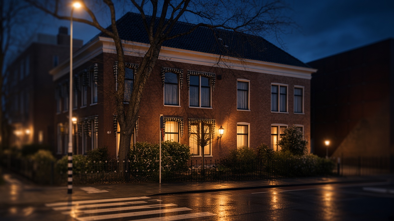 Zijingang van het logegebouw aan de W.A. Scholtenstraat bij nacht.