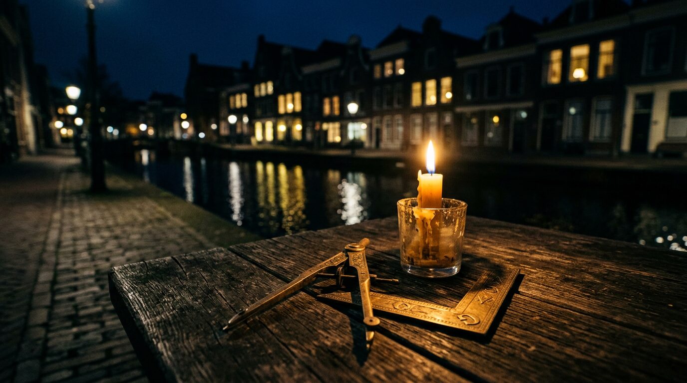 Vrijmetselaar worden: symbolen van passer en winkelhaak bij kaarslicht met zicht op Groningen bij avond.