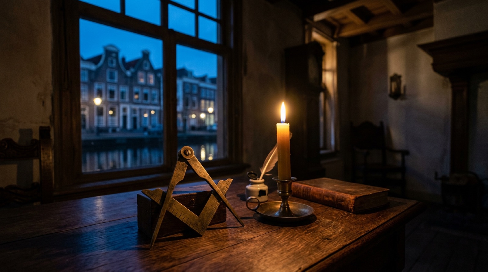 Sfeervol stilleven met passer en winkelhaak bij kaarslicht, verwijzend naar vrijmetselarij geheimen.
