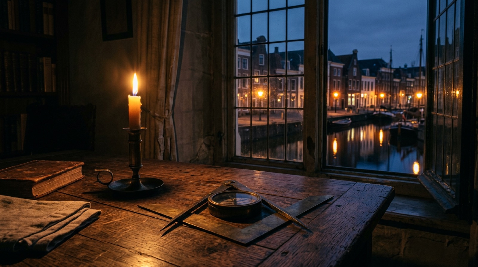 Kaarslicht op passer en winkelhaak bij een raam met Groningse gracht, symbool voor vrijmetselarij rituelen.