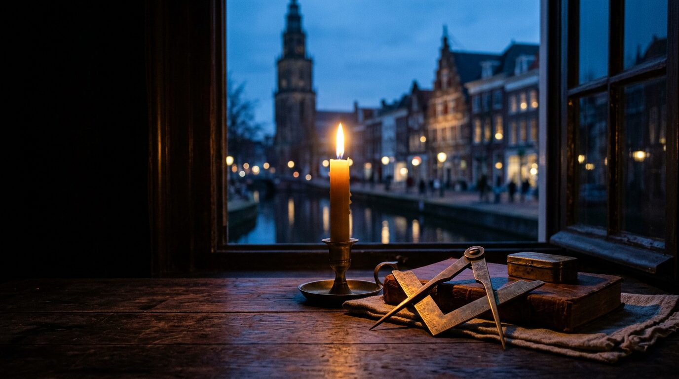 Waarom vrijmetselaar worden? Een sfeervol beeld van een passer en winkelhaak bij kaarslicht, met op de achtergrond een gracht in Groningen.